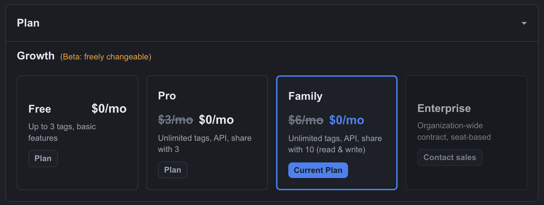 設定画面のPlanセクション。Growth(Beta: freely changeable)としてFree・Pro・Family・Enterpriseの4プランが並び、現在Familyプランが選択された状態で表示されている