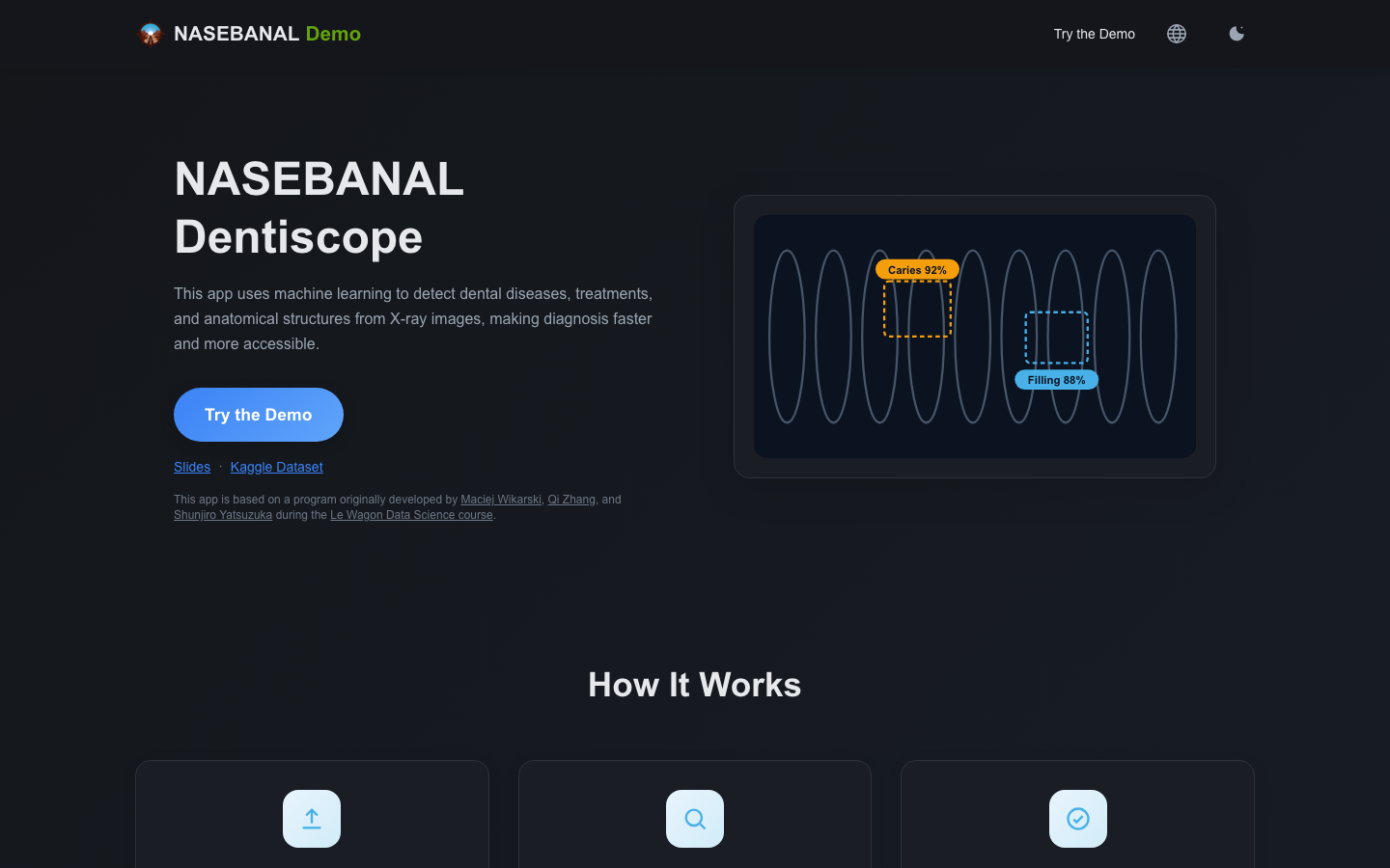 The Dentiscope front page: a demo that detects findings such as caries and fillings in dental X-ray images, with a Try the Demo button and an illustration of the detection results