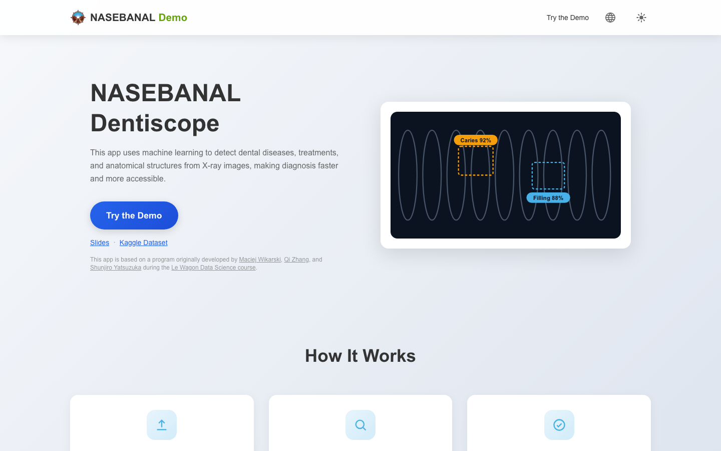 The Dentiscope front page: a demo that detects findings such as caries and fillings in dental X-ray images, with a Try the Demo button and an illustration of the detection results