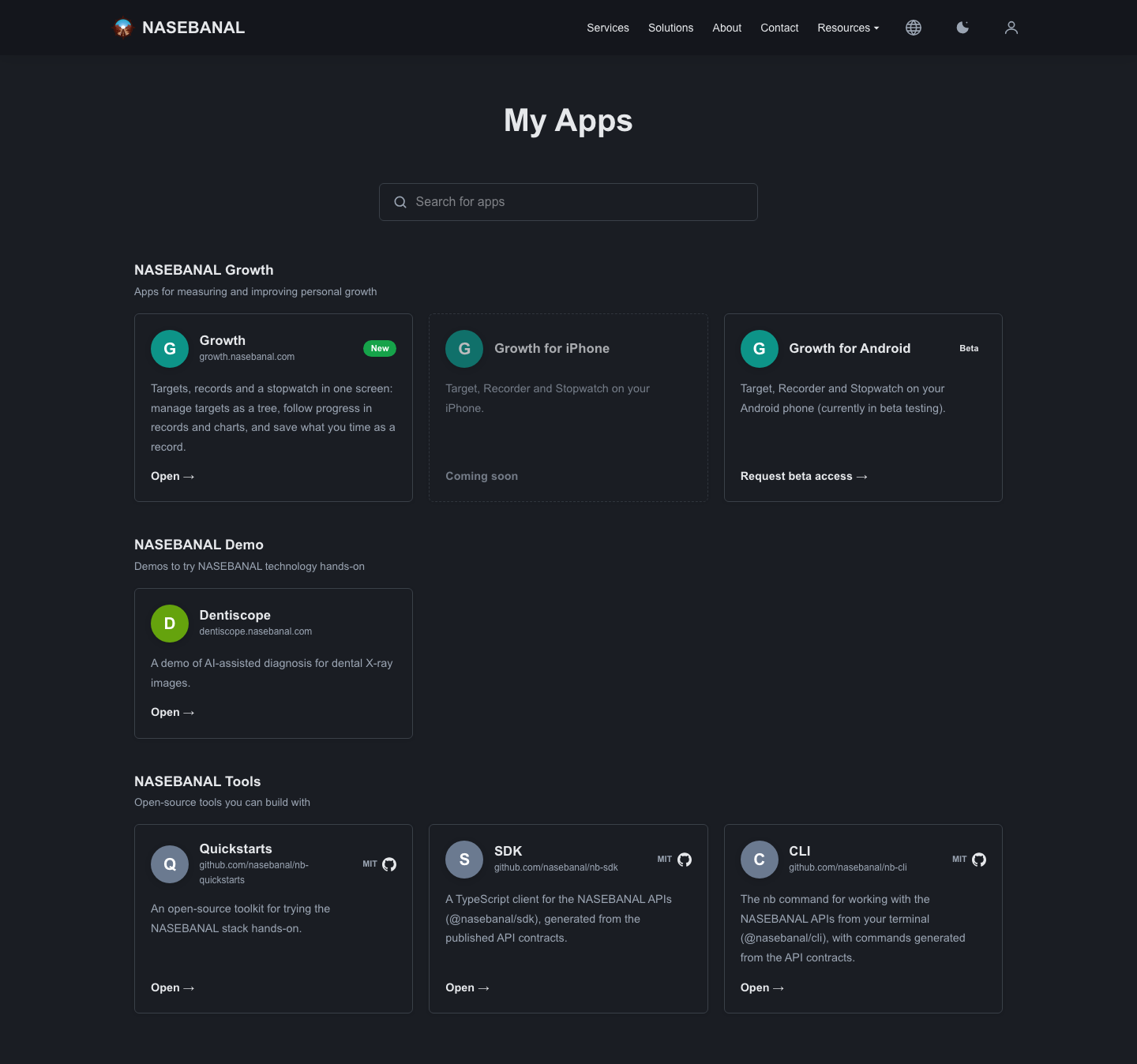 The My Apps screen: NASEBANAL Growth, NASEBANAL Demo (Dentiscope) and NASEBANAL Tools (Quickstarts, SDK, CLI) grouped by product, with a search box at the top