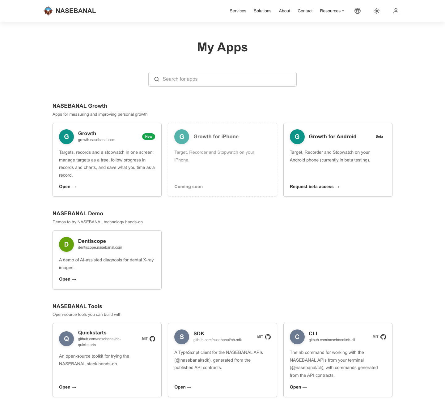 The My Apps screen: NASEBANAL Growth, NASEBANAL Demo (Dentiscope) and NASEBANAL Tools (Quickstarts, SDK, CLI) grouped by product, with a search box at the top