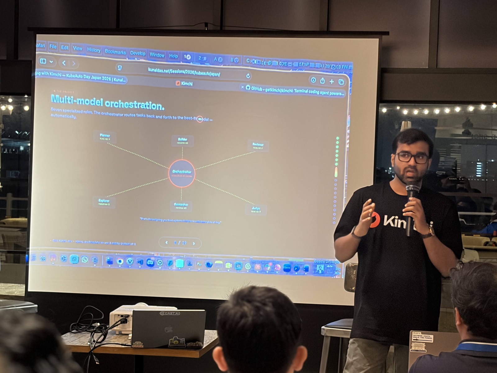 From the Kimchi session — multi-model orchestration, where seven specialized roles sit around an orchestrator that routes each task to the best-fit model automatically