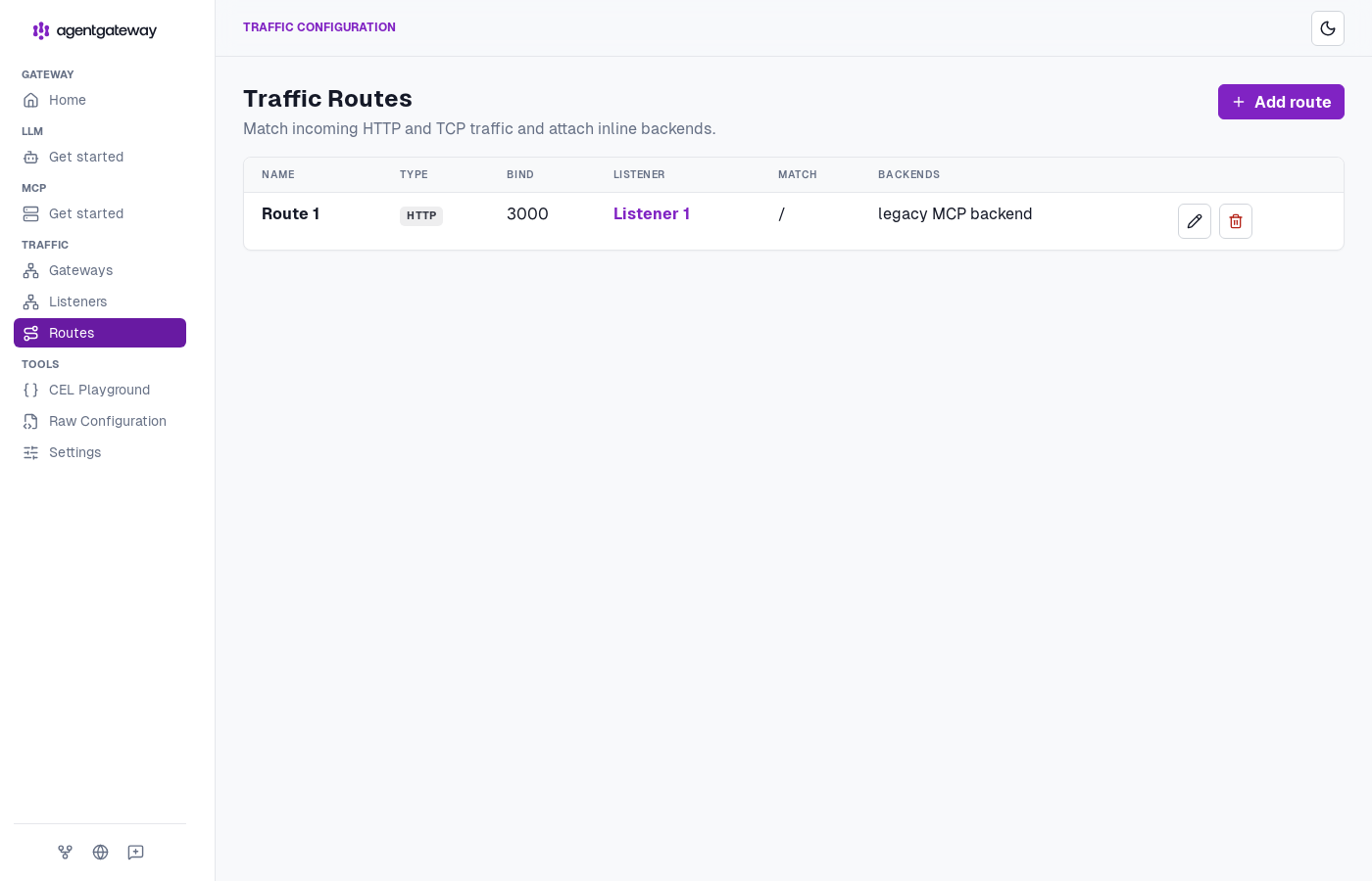 agentgateway's dashboard, with Traffic > Routes showing Route 1 wired to the apps backend
