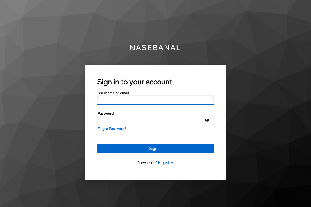 Keycloak's own Sign in to your account page. The password is typed at Keycloak's URL, not in the app, and the Register link handles sign-up