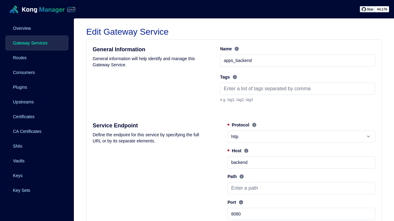 Kong Manager's Edit Gateway Service form for apps_backend, showing Host backend, Port 8080 and an empty Path