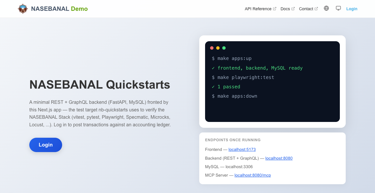 The NASEBANAL Quickstarts demo app's landing page, showing an example run of make apps:up and make playwright:test, and the list of endpoints available once started