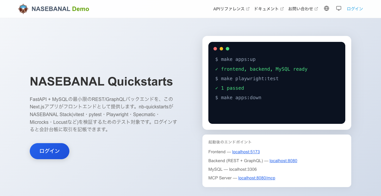 NASEBANAL Quickstartsのデモアプリのトップページ。make apps:upとmake playwright:testの実行例と、起動後のエンドポイント一覧が並ぶ