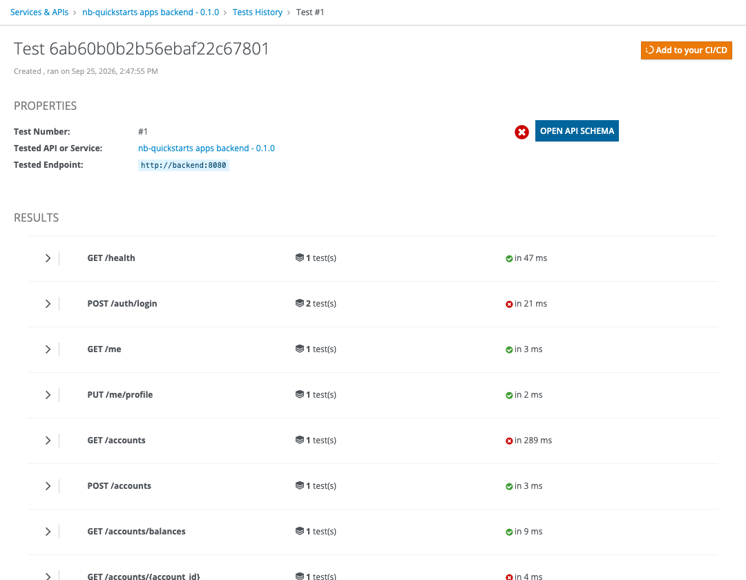 Microcks UI, the run's page for the backend: 6 of the 9 examples passed, and the three failing ones are in POST /auth/login, GET /accounts and GET /accounts/{account_id}