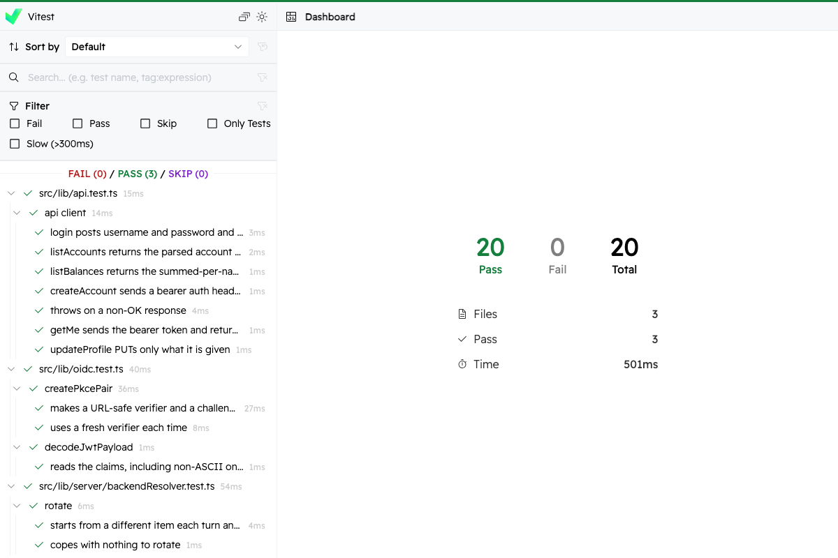Vitest HTML report: 20 passed, 0 failed, with the test tree grouped by file on the left