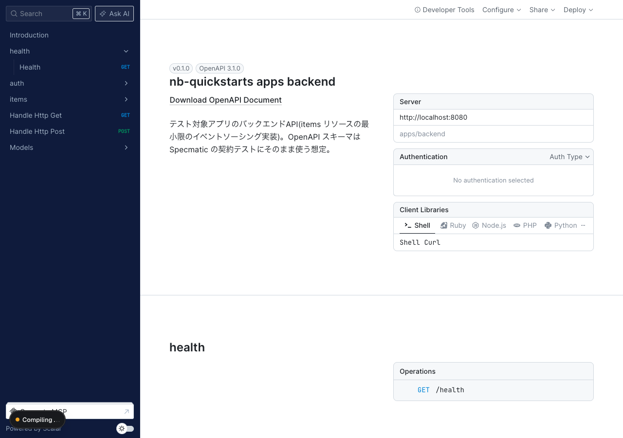 NASEBANAL Quickstarts demo app's /api-specs page, rendering the backend's live /openapi.json as an API reference via Scalar