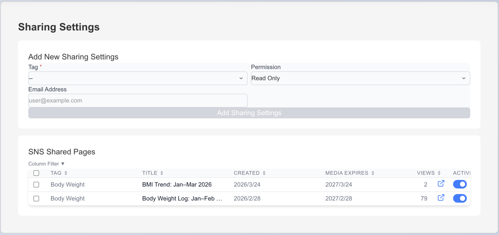 SNS Shared Pages management screen