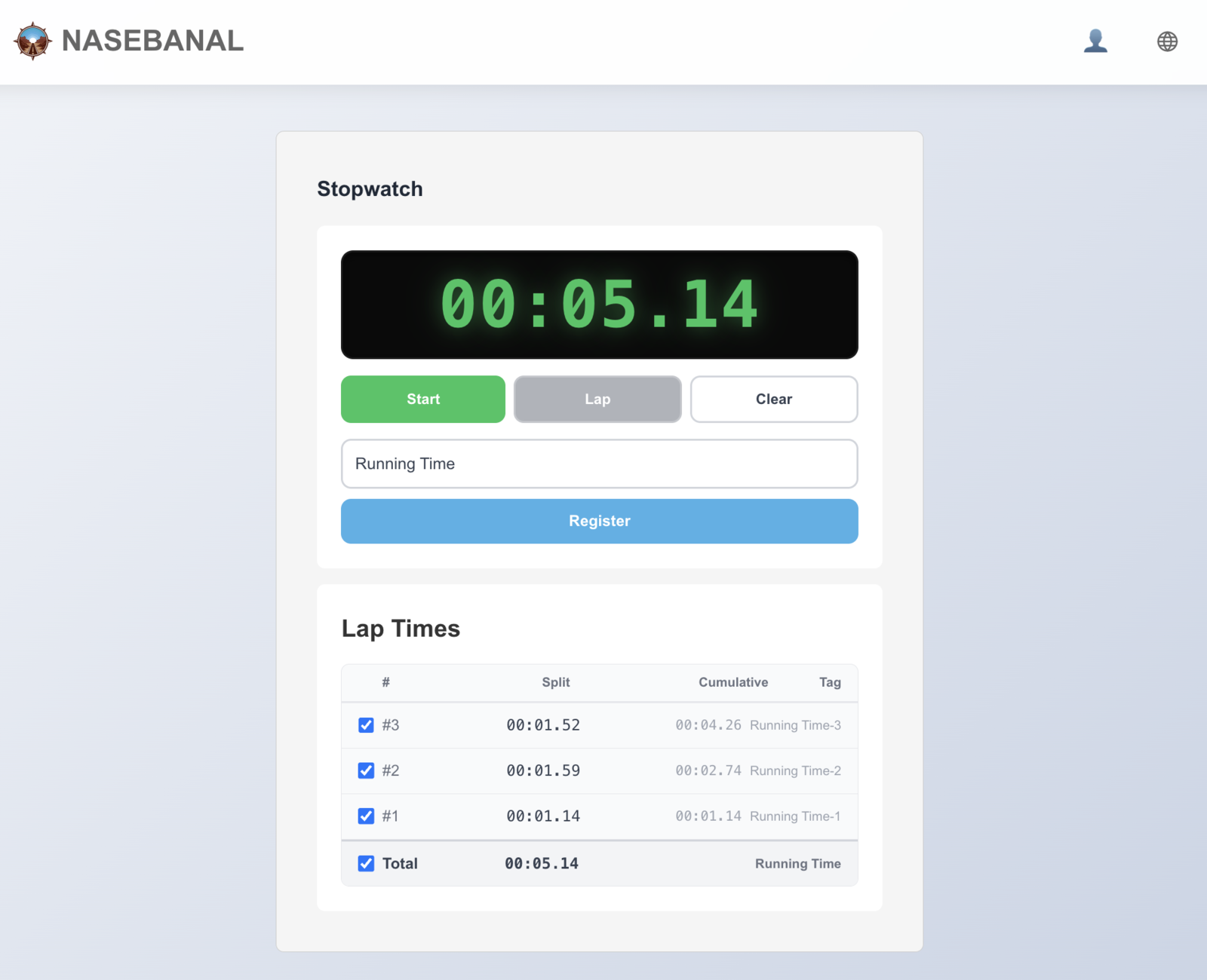 NASEBANAL Stopwatch — record lap times directly into NASEBANAL Recorder
