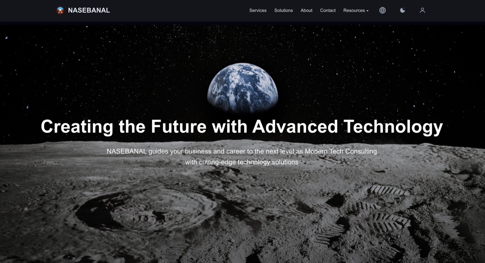 The NASEBANAL landing page in dark mode — the hero, navigation, and theme toggle all following the dark palette